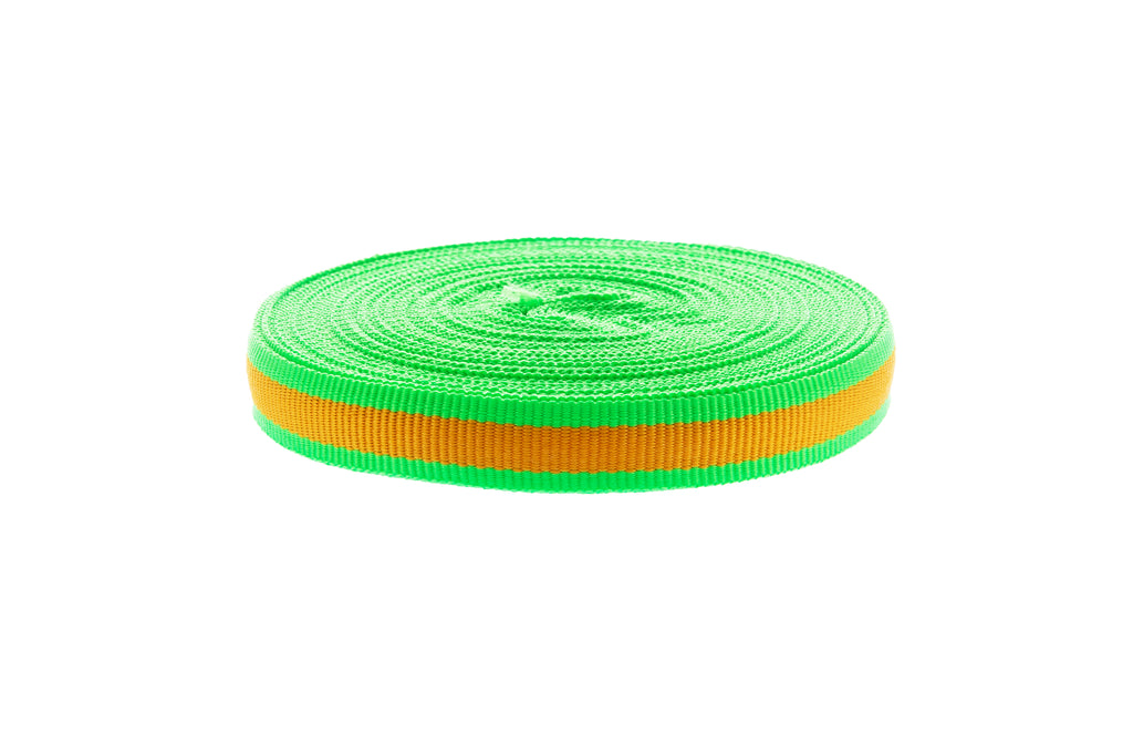 10m x 10mm width orange ribbon with vibrant green edging