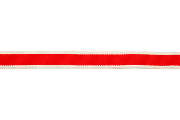 10m x 20mm Width off White Ribbon with Wide Red Stripe