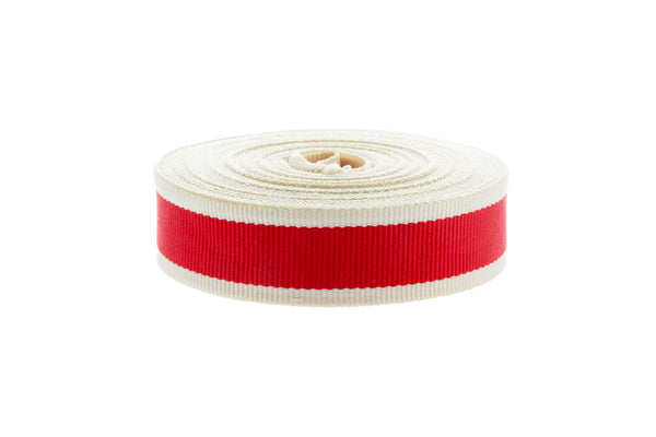 10m x 20mm Width off White Ribbon with Wide Red Stripe