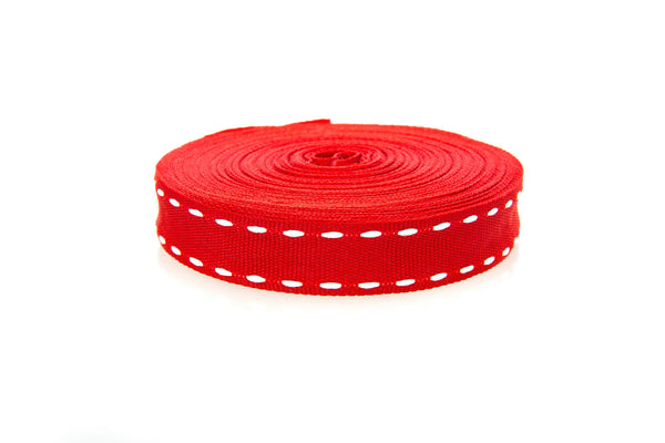 10m roll Red Grosgrain Ribbon with White Stitching